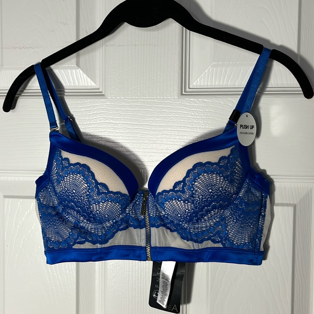 Censored New York NWT bralette blue white lace zipper front hook back pushup 34A